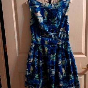 Vintage lined gathered dress amazing travel patterned S